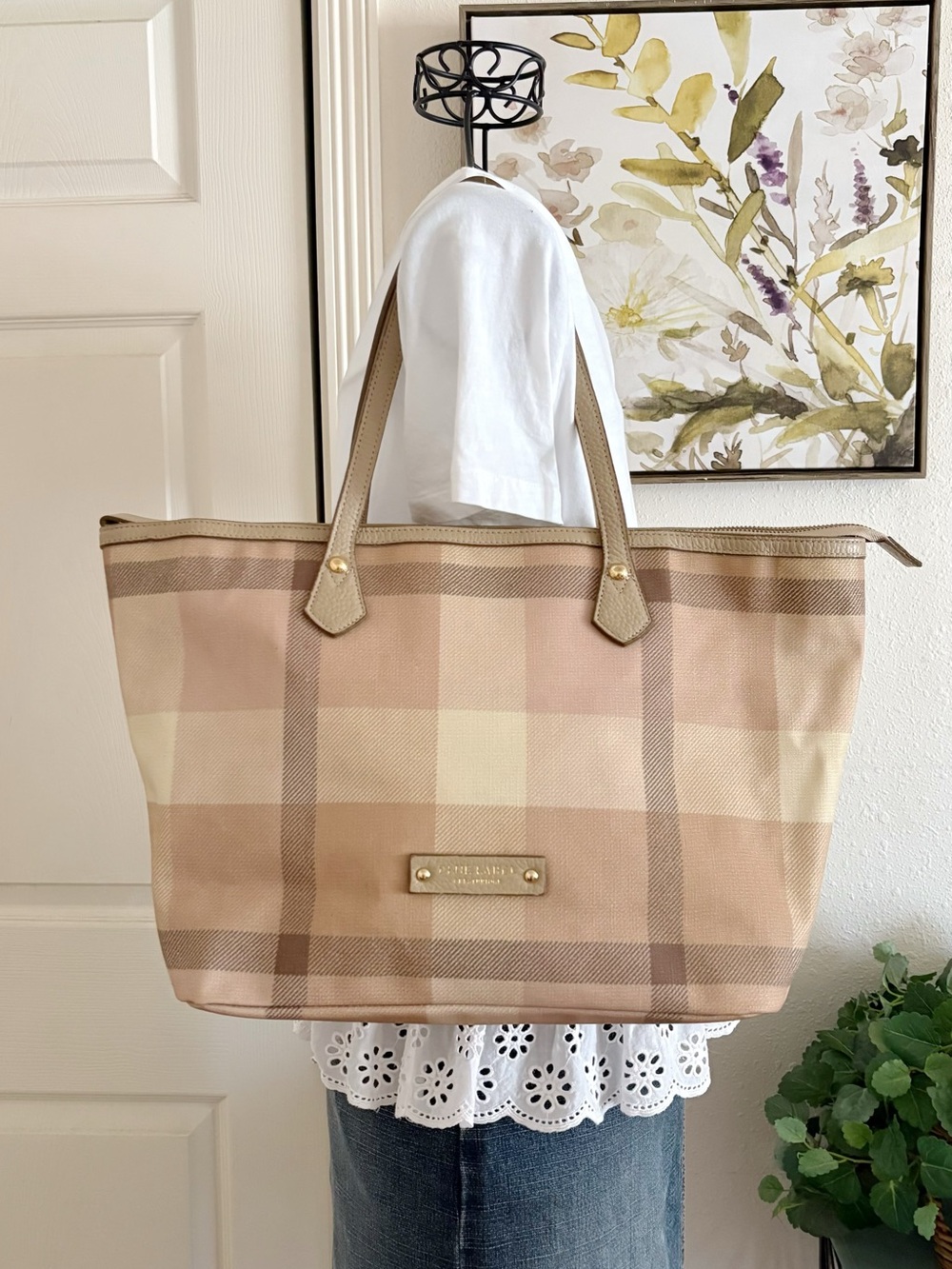 Burberry Beige and Cream Check Tote Bag with Leather Trim